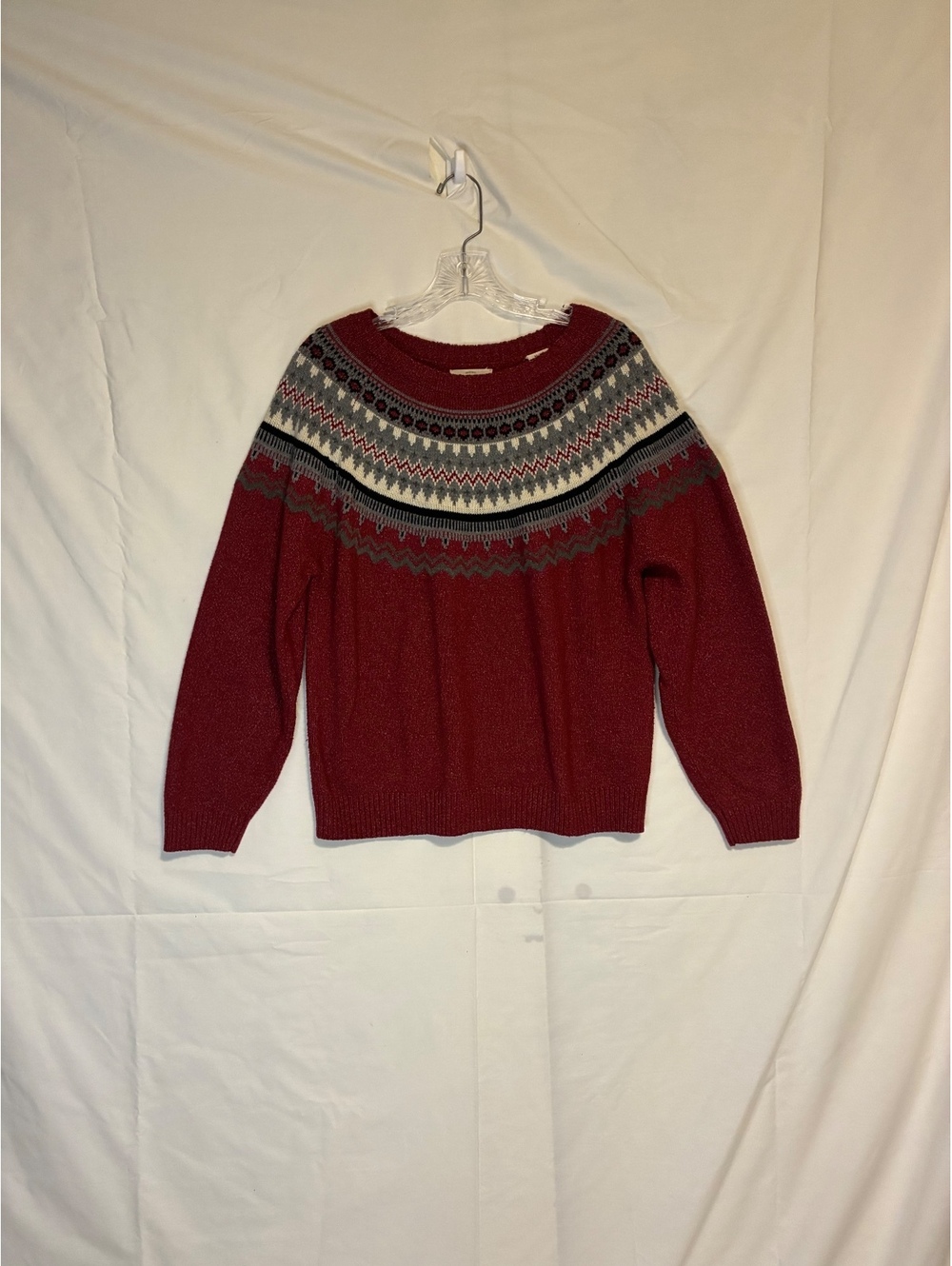 Weatherproof Vintage Womans Burgundy Fair Isle Yoke Crew Neck Sweater Sz M